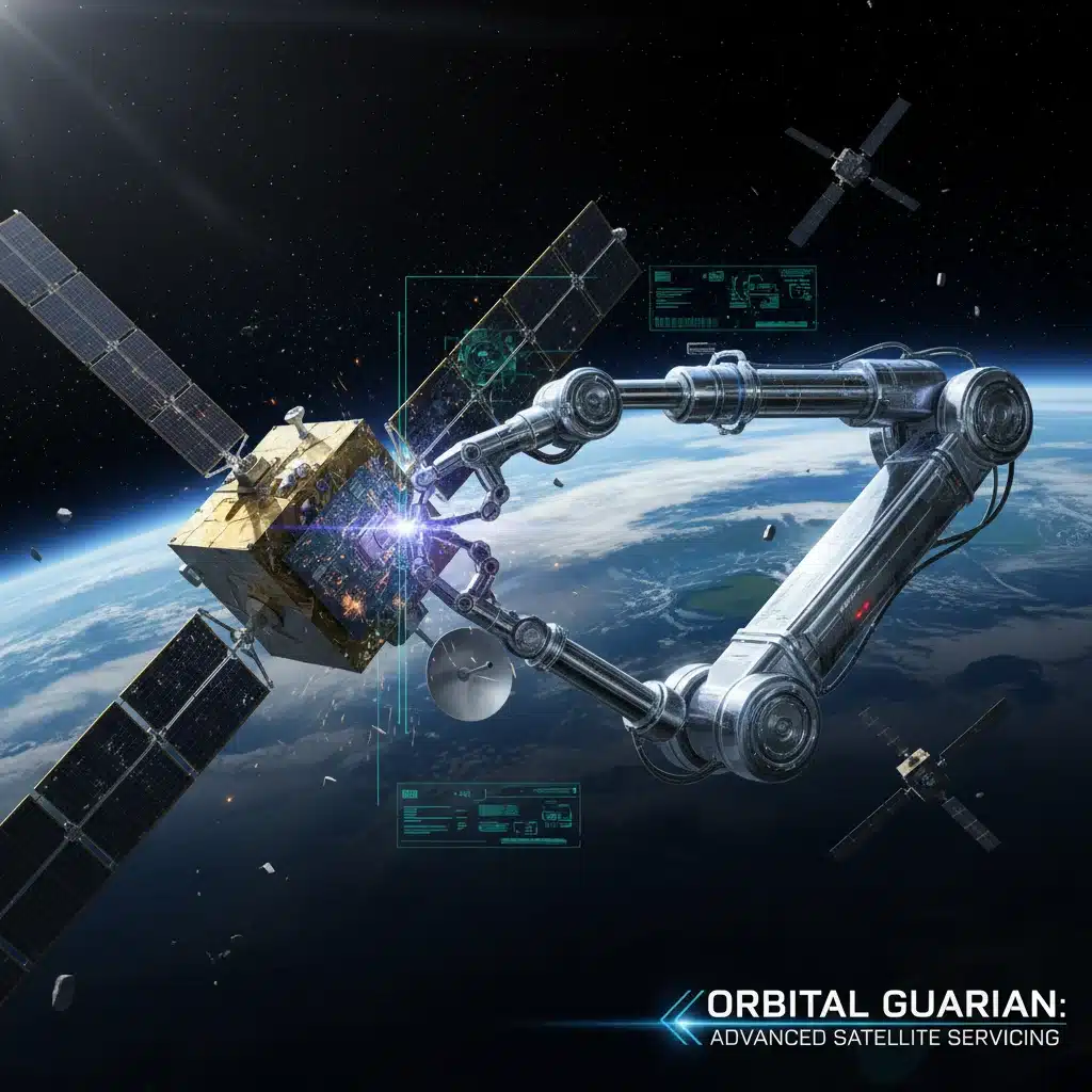 Robotic arm servicing a satellite in Earth orbit.