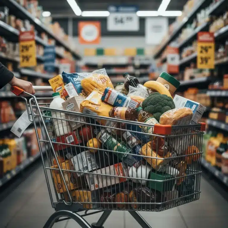 Shopping cart filled with groceries, representing rising consumer prices and inflation's impact on household budgets.